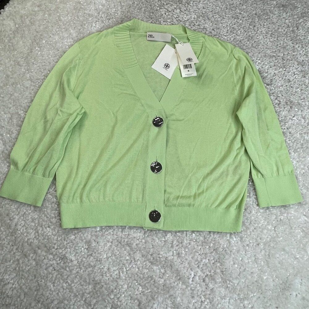 Tory Burch Cropped Cardigan Sweater Light Wasabi Green NEW